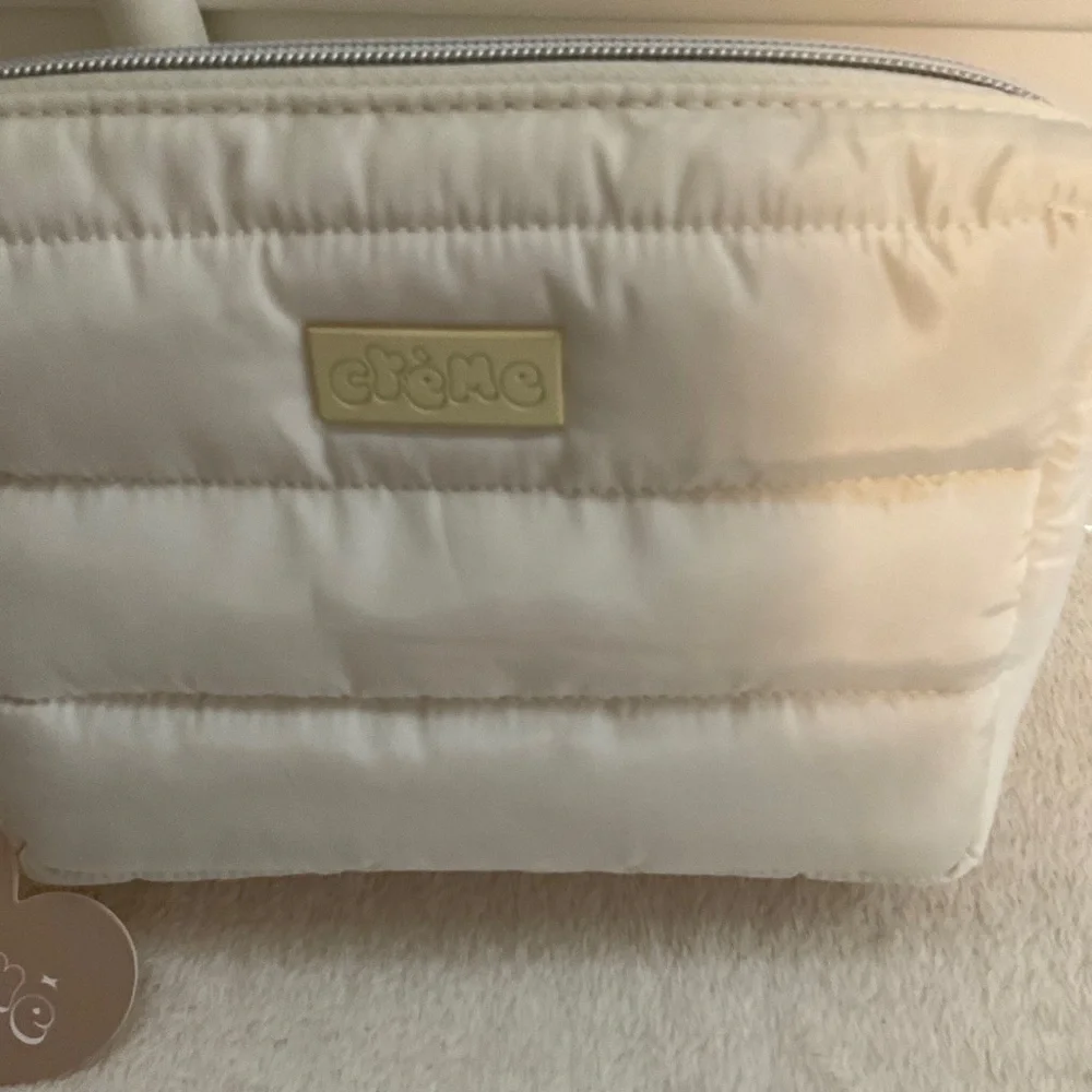 etäme Quilted Cream Cosmetic Pouch - Soft Travel Makeup Case